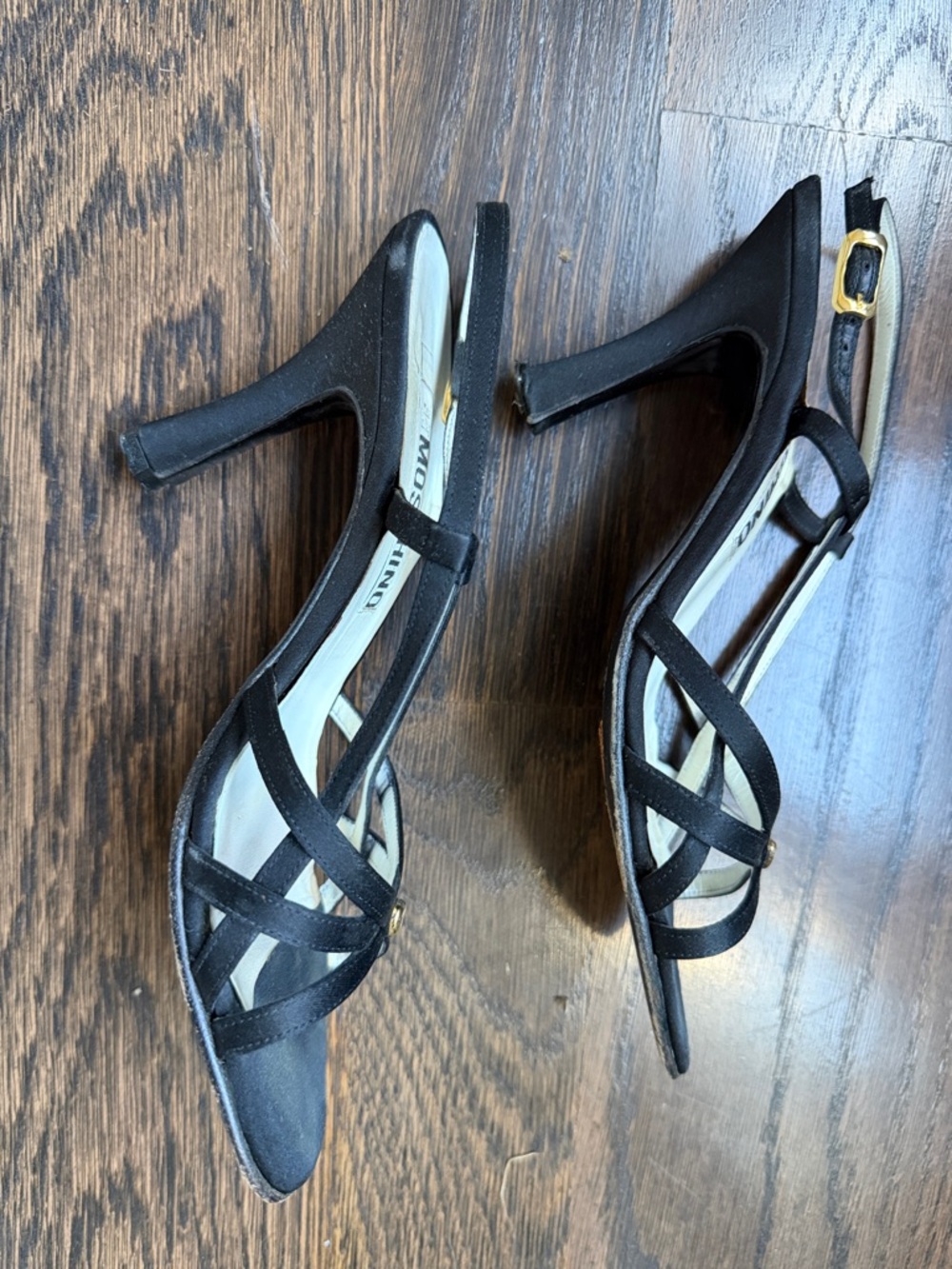 MOSCHINO VINTAGE Y2K Black Satin Sandal Heel Shoe Gold Heart Accent Eu 38 Sz 8 - Picture 5 of 10